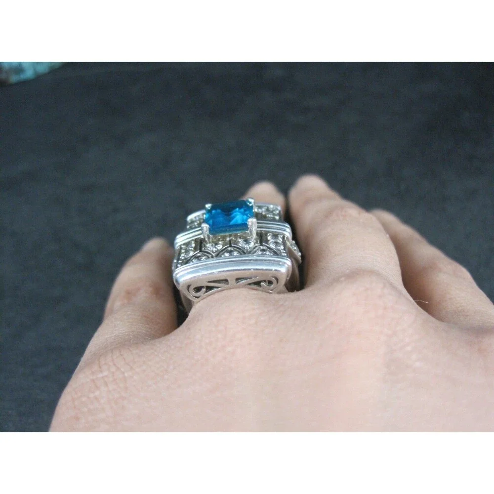 Art Deco Style Sterling Silver Blue & White Topaz Ring Size 6